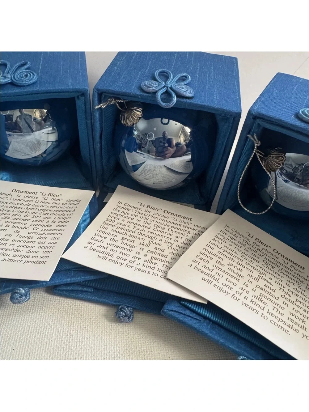 Vintage 2009 Pier 1 Li Bien Doves Blue Glass Christmas Ball Ornament Lot of 6